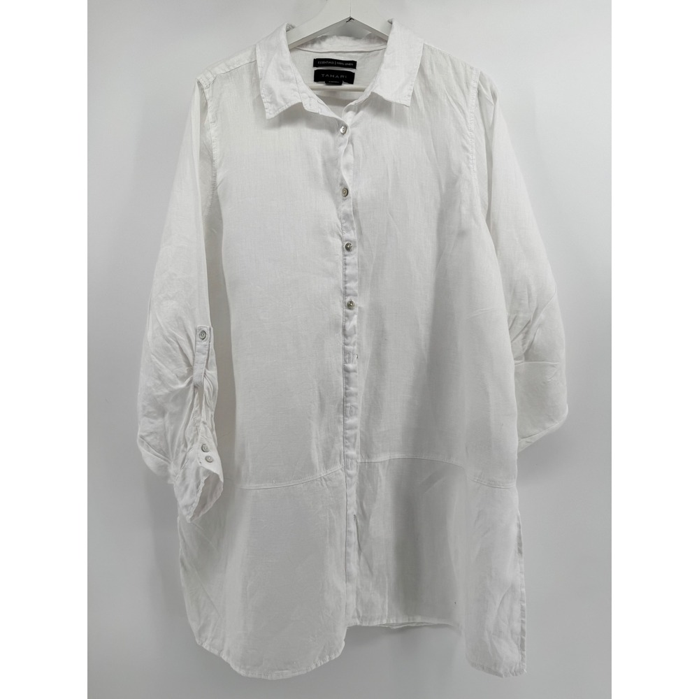 Tahari Essentials Women 1X White 100% Linen Roll Tab Sleeve Button Down Tunic